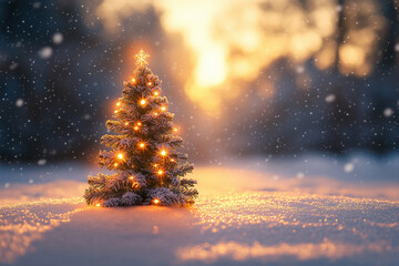 Naklejka premium A beautifully lit Christmas tree standing in the snow during a winter sunset, surrounded by falling snowflakes in a serene landscape