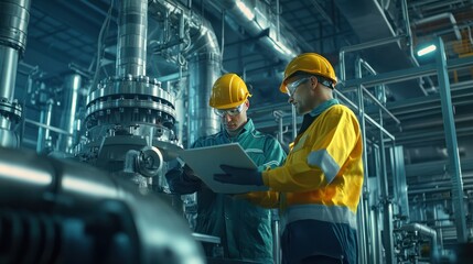 Two engineers wearing safety helmets work on high-tech machinery in a nuclear plant. Industrial environment with advanced technology.