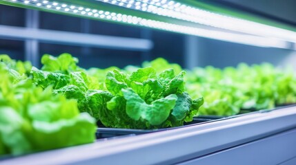 Close-up of a high-tech farm producing crops indoors with LED lights and automated watering, vertical farming, food technology in urban agriculture