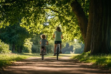 Fototapeta premium Two children ride bikes on a sunny path under beautiful trees. A joyful moment of childhood is captured. Enjoy nature and freedom while cycling. Generative AI