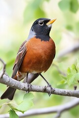 Fototapeta premium A Robin Perched on a Branch Surrounded by Fresh Green Leaves During Springtime