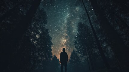 Viewer in the woods at night looking up at the Milky Way galaxy stargazing over tree silhouettes, scenic nature in the wilderness, cosmic twilight astrophotography