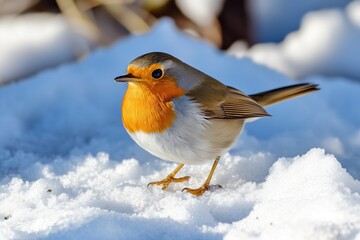 A European Robin Stands on Fresh White Snow in a Tranquil Winter Landscape