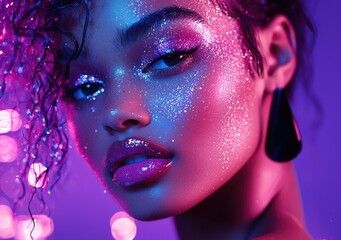 Portrait of a beautiful woman with stunning hairstyle and glitter makeup against a vibrant purple bokeh background