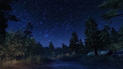 Naklejka premium Vivid night sky full of stars in a woods setting