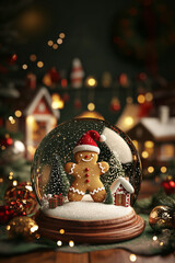 This 3D snow globe features a gingerbread man wearing a Santa hat, surrounded by a festive holiday...