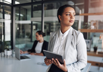 Fototapeta premium Office, businesswoman and thinking with tablet for planning, online information and solution for company. Workplace, female person and web designer with digital for software page, update and research