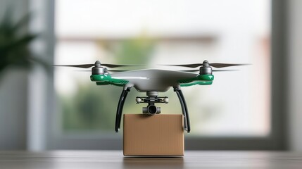 Drone delivering a package of fresh groceries to a doorstep, food delivery, technology in food distribution