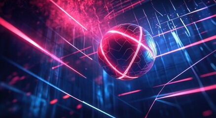 Futuristic digital globe with neon lights and geometric patterns in a vibrant tech-inspired setting.