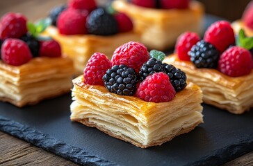 Delicious pastry squares topped with fresh berries on a rustic wooden table