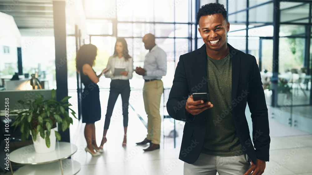 Aufkleber Office, businessman and portrait with smartphone for chat, text message and connection for communication. Workplace, male person and employee with mobile app for notification, salary alert and happy