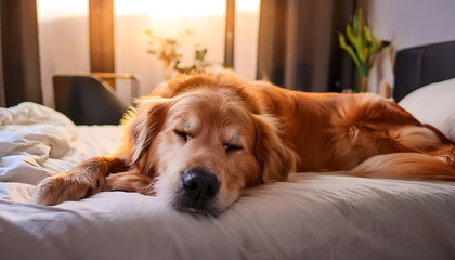 Golden retriever dog sleeping on cosy bed , warm light bedroom.
