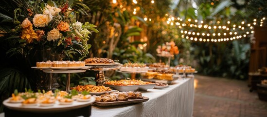 A lavish outdoor buffet table adorned with elegant pastries, desserts, and appetizers, with a stunning floral arrangement and string lights creating a magical ambiance.