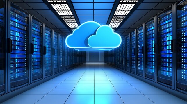 Modern data center concept with cloud on ceiling