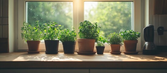 Fototapeta premium Row of potted herbs on a windowsill in a kitchen.