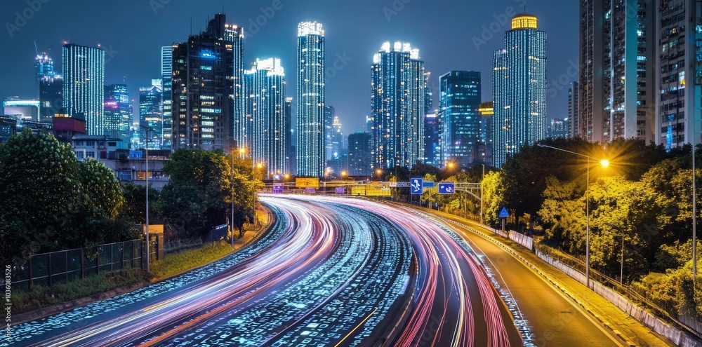 Poster an abstract highway path with digital binary towers in the city. concepts such as big data, machine 