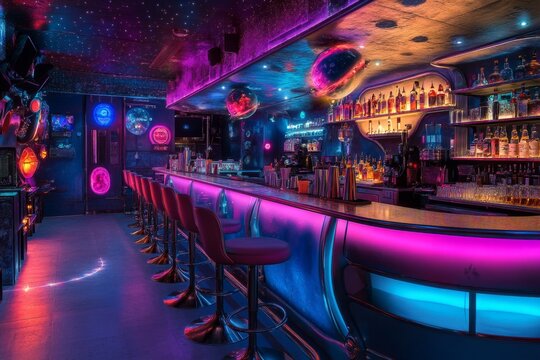 Vibrant bar scene with neon lights and modern decor. This stylish bar invites guests to relax and enjoy unique drinks. An ideal spot for nightlife and social gatherings. Generative AI
