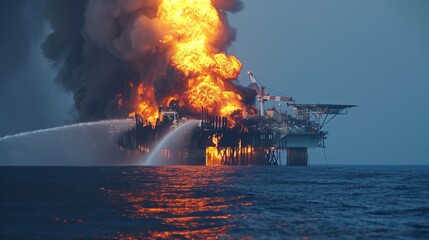 Fire on oil platform. Offshore oil platform with gas flare during sunset. Emergency situation.