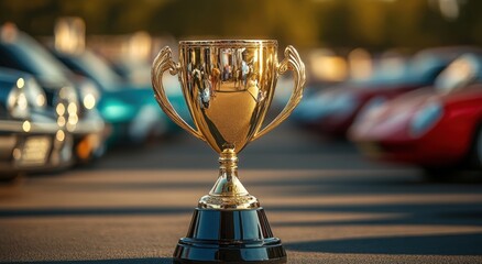 Golden trophy prominently displayed with classic cars blurred in the background, capturing a vintage automotive event.