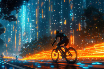 Cyclist riding in futuristic city with neon lights and digital cityscape