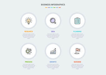 6 clean infographic design shaped elements template, symbolizing the six stages of business strategy and progression. Progress bar or timeline. Vector for presentation, web site or app.