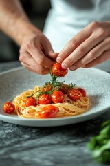 Preparing a delicious plate of spaghetti with fresh cherry tomatoes and herbs in a cozy kitchen