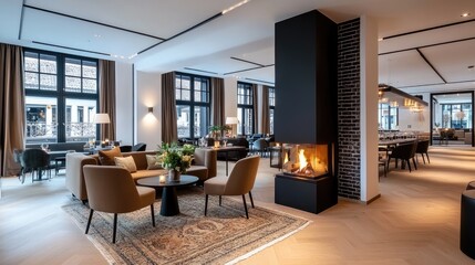 Fototapeta premium This stylish living room showcases a warm fireplace, a striking brick wall, and a dark brown sofa, highlighting Scandinavian design elements in a serene nighttime setting