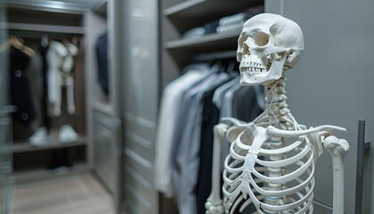 Artificial human skeleton model in wardrobe room, space for text