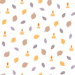 Autumn fancy leaves, candles seamless pattern, vector minimalist concept flat style simple illustration, hand drawn natural floral repeat ornament for textile, gift paper, autumn holidays decor