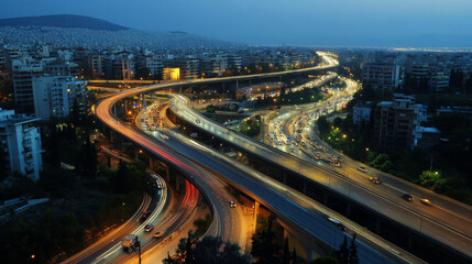 Obraz premium A nighttime view from above shows a busy, lit-up highway interchange in Athens, Greece. Cars travel on the multi-level roads, connecting to the Attiki Odos toll road.