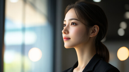 Obraz premium thoughtful woman in professional setting gazes out window, reflecting on her future. soft lighting highlights her serene expression, suggesting moment of contemplation