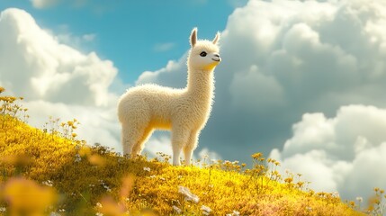 3D Cute Baby Alpaca Standing on a Pastel Yellow Field in Adorable Detail