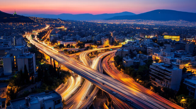 A nighttime view from above shows a busy, lit-up highway interchange in Athens, Greece.  Cars travel on the multi-level roads, connecting to the Attiki Odos toll road.