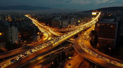 A nighttime view from above shows a busy, lit-up highway interchange in Athens, Greece.  Cars travel on the multi-level roads, connecting to the Attiki Odos toll road.