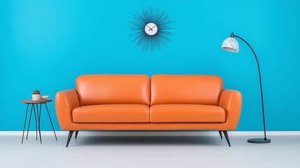 Orange leather sofa, turquoise blue wall, minimalist interior design, black floor lamp, stylish furniture, cozy home decor, modern living room

