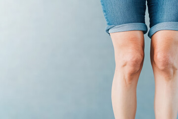 Close-Up of Human Knees Wearing Denim Shorts Against Light Blue Background