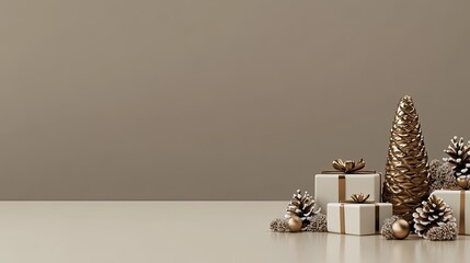 A beautifully arranged Christmas decoration showcases a golden cone, white gift box, and delicate snowflakes, all set on a warm beige background, perfect for holiday celebrations.
