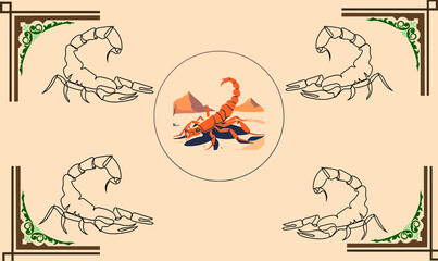 Scorpion  on coffee background. Vector illustration. Sketch for creativity.