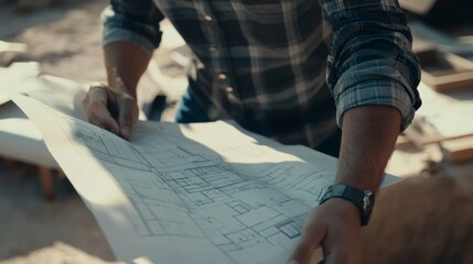 A detailed shot of an architect examining blueprints under natural daylight at a construction site, Architectural blueprint review scene, Analytical and natural style