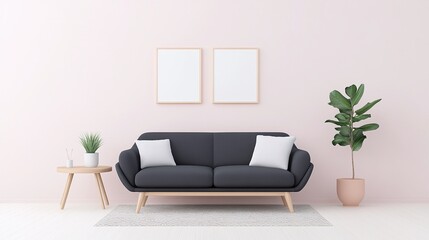 modern living room with gray sofa, minimalist furniture, light pink walls, indoor plants, cozy and bright interior, Scandinavian design, decorative frames on wall

