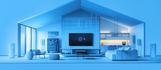 A modern living room with a large TV and an open floor plan with connected home technology shown in the interior structure of the home.