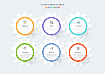 6 clean infographic design shaped elements template, symbolizing the six stages of business strategy and progression. Progress bar or timeline. Vector for presentation, web site or app.