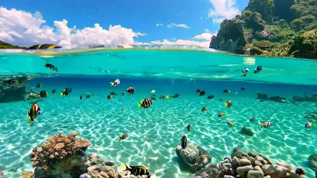 Tropical fish swimming in the clear shallow water near the beach, Video
