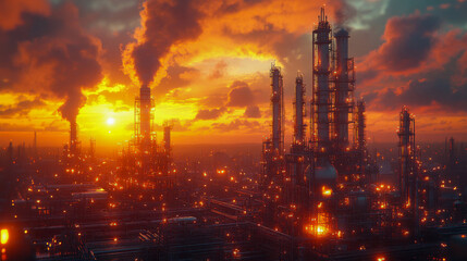 Obraz premium A large oil refinery emitting smoke against a vivid sunset sky. The dramatic lighting highlights the scale and industrial nature of the facility