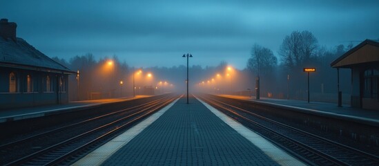 Empty train station platform on a foggy morning with street lights illuminating the tracks.