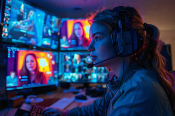 Fototapeta premium woman in a headset participating in an online video conference on multiple screens in a home office setting.