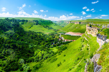 Picturesque view of the Alikonovskoye gorge from Mount Ukazatel. Caucasus