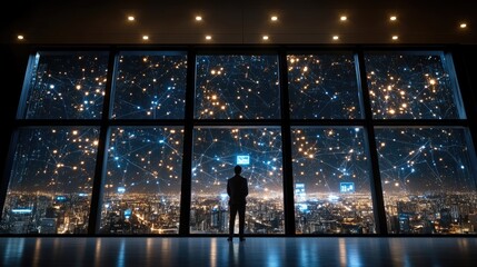 A businessman stands on a rooftop, observing illuminated photos linked by lines against a night city backdrop, embodying modern connectivity