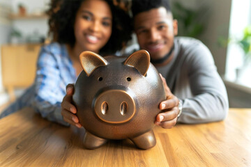 An African American couple saving money in a piggy bank for retirement security.
