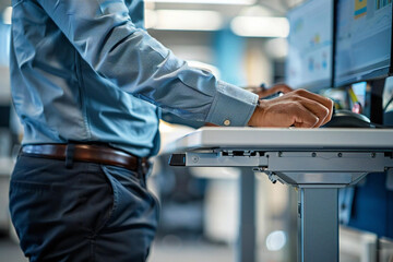 close-up shot of a man adjusting the height of his standing desk in a modern office setting for good posture and ergonomic comfort.
